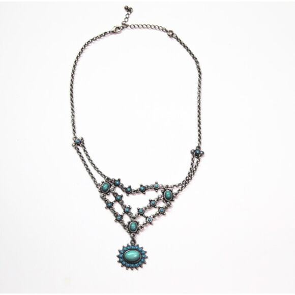 Vintage Necklace Faux Turquoise and Silver Tone Multi Strand - Picture 1 of 5